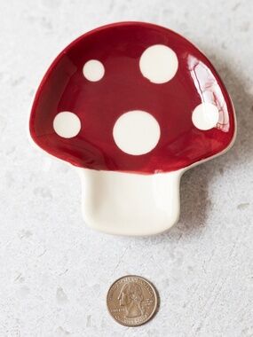World Market red white ceramic mushroom spoon rest trinket dish 4" x 4"